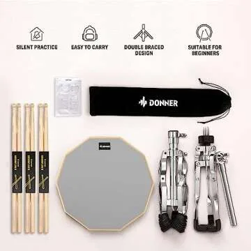 Donner Snare Drum Stand Set with Drum Practice Pad, 12'' Double-sided Silent Drum Pad set, Drumsticks, Backpack Adjustable Stand Fits 10''-14'' Dia Drums