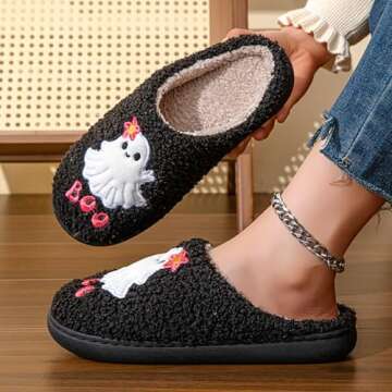 NMHOO Women's Men's Fluffy Boo Slippers Winter Plush Memory Foam Spooky Ghost Slippers Comfy Warm House Shoes 43-44