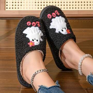 NMHOO Women's Men's Fluffy Boo Slippers Winter Plush Memory Foam Spooky Ghost Slippers Comfy Warm House Shoes 43-44