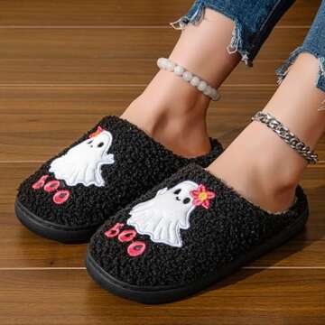 NMHOO Women's Men's Fluffy Boo Slippers Winter Plush Memory Foam Spooky Ghost Slippers Comfy Warm House Shoes 43-44