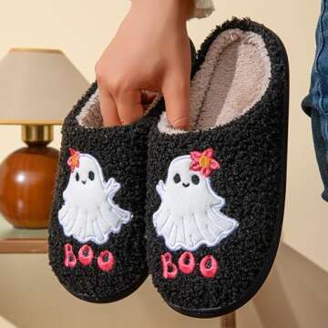 NMHOO Women's Men's Fluffy Boo Slippers Winter Plush Memory Foam Spooky Ghost Slippers Comfy Warm House Shoes 43-44