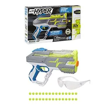 Nerf Hyper Rush-40 Pump-Action Blaster, 30 Hyper Rounds, Eyewear, Up to 110 FPS Velocity, Easy Reload, Holds Up to 40 Rounds