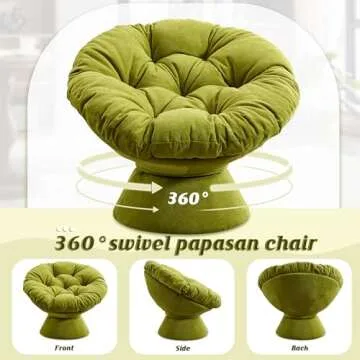Papasan Chair with Cushion and Frame, 360° Swivel Accent Chair, Comfy Chenille Upholstered Round Modern Oversized Reading Lounger with Metal Base Lazy Chair for Bedroom, Living Room, Olive Green