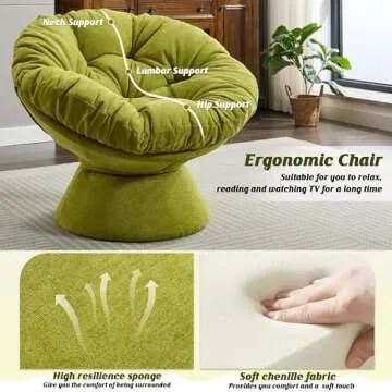 Papasan Chair with Cushion and Frame, 360° Swivel Accent Chair, Comfy Chenille Upholstered Round Modern Oversized Reading Lounger with Metal Base Lazy Chair for Bedroom, Living Room, Olive Green