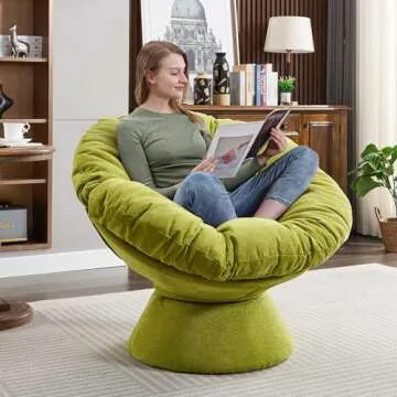Papasan Chair with Cushion and Frame, 360° Swivel Accent Chair, Comfy Chenille Upholstered Round Modern Oversized Reading Lounger with Metal Base Lazy Chair for Bedroom, Living Room, Olive Green