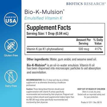 Biotics Research Bio K Mulsion Liquid Vitamin K Drops - 500 mcg/S - Vitamin K1 phytonadione - for Adults & Kids - VIT K Supplement - Strong Bones, Heart Health, Blood Clotting Support, 1 fl oz
