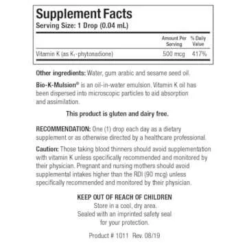 Biotics Research Bio K Mulsion Liquid Vitamin K Drops - 500 mcg/S - Vitamin K1 phytonadione - for Adults & Kids - VIT K Supplement - Strong Bones, Heart Health, Blood Clotting Support, 1 fl oz