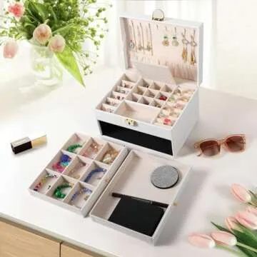 coobest 3 Layer Jewelry Box, Jewelry Holder Organizer with Jewelry Organizer Drawer, Large Jewelry Boxes & Organizer with Velvet Earring Organizer, Lockable Jewelry Holder, Unique Gifts for Women Mom