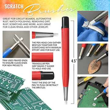 Fiberglass Pen Scratch Brush Set - Jewelry Cleaning Brush with Steel, Brass, Nylon, Fiberglass Tips for Corrosion Remover and Rust, Jewelry, Electrical Circuit Boards and Auto Body Work