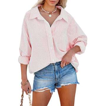 Flowyair Women's Oversized Button Down Shirts Business Casual Long Sleeve Blouse Work Striped Tops P...