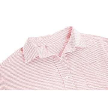 Flowyair Women's Oversized Button Down Shirts Business Casual Long Sleeve Blouse Work Striped Tops Pink