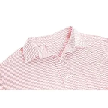 Flowyair Women's Oversized Button Down Shirts Business Casual Long Sleeve Blouse Work Striped Tops Pink