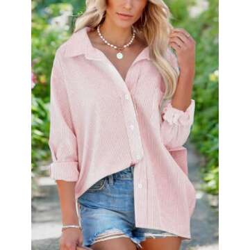 Flowyair Women's Oversized Button Down Shirts Business Casual Long Sleeve Blouse Work Striped Tops Pink