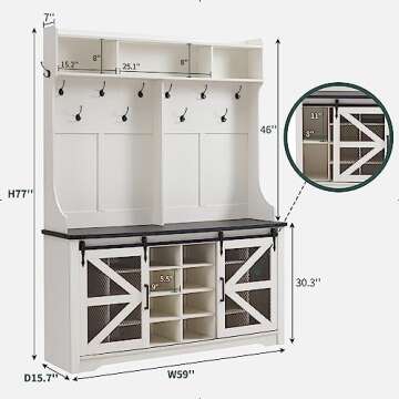 JXQTLINGMU Farmhouse Entryway Bench with Coat Rack, 20 Shoe Cubbies & 12 Coat Hooks, 59" Wide Hall T...