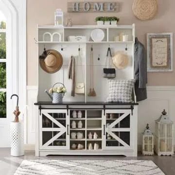 Farmhouse Entryway Bench with Coat Rack and Shoe Storage