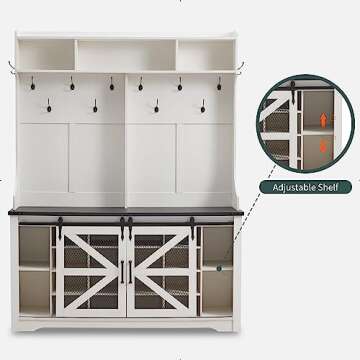 JXQTLINGMU Farmhouse Entryway Bench with Coat Rack, 20 Shoe Cubbies & 12 Coat Hooks, 59" Wide Hall Tree with Shoe Storage Bench, Sliding Barn Doors, Mudroom Storage Cabinet, Off White