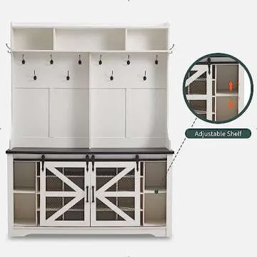 Farmhouse Entryway Bench with Coat Rack and Shoe Storage