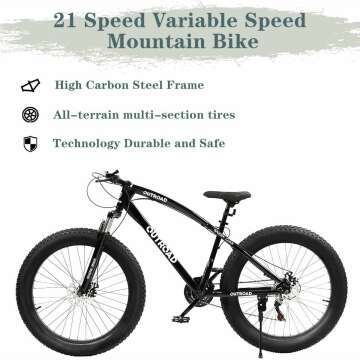 Outroad Fat Tire Mountain Bike with 26 inch Wheels, 21 Speed with High Carbon Steel Frame, Double Disc Brake and Front Suspension Anti-Slip Bikes