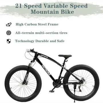 Outroad Fat Tire Mountain Bike with 26 inch Wheels, 21 Speed with High Carbon Steel Frame, Double Disc Brake and Front Suspension Anti-Slip Bikes