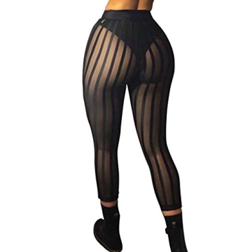 doublebabyjoy Women Striped Sheer Mesh See Through Long Pants High Waist Slim Fit Leggings Swimsuit ...