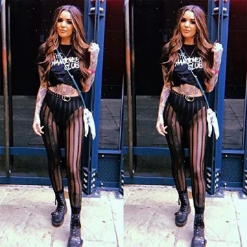 Doublebabyjoy Striped Sheer Mesh High Waist Leggings