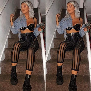 Doublebabyjoy Striped Sheer Mesh High Waist Leggings