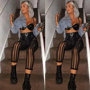 Doublebabyjoy Striped Sheer Mesh High Waist Leggings