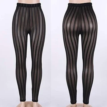 Doublebabyjoy Striped Sheer Mesh High Waist Leggings
