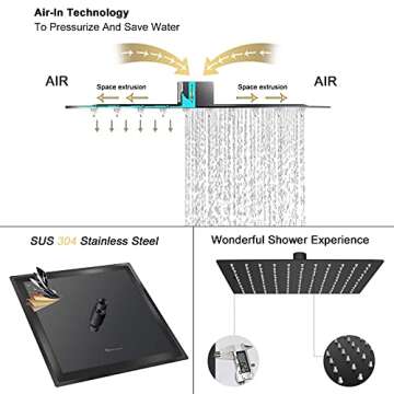 NearMoon Rain Shower Head, High Flow Stainless Steel Square Rainfall Shower, High Pressure Design, Awesome Shower Experience Even At Low Water Flow (10 Inch, Matte Black)