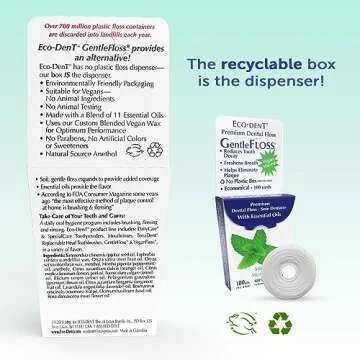 Eco-Dent GentleFloss Dental Floss - Plant-Based Wax, Mint Flavor, Eco-Friendly Packaging, 100 Yds ea...