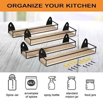 TJ.MOREE 4 Pack Spice Rack Wall Mounted Rustic Style Hanging Spice Organizer for Wall, Kitchen Spice Storage, Black