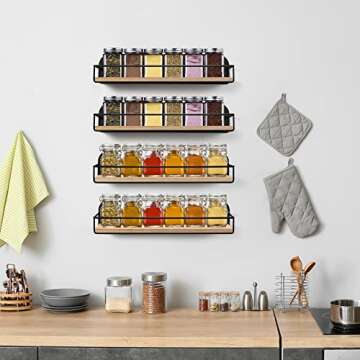 TJ.MOREE 4 Pack Spice Rack Wall Mounted Rustic Style Hanging Spice Organizer for Wall, Kitchen Spice Storage, Black
