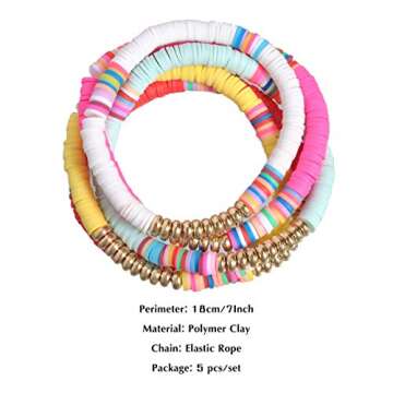 TASBERN Heishi Surfer Bracelets Handmade Colorful Polymer Clay Disc Bead Elastic Rope Boho Beaded Br...