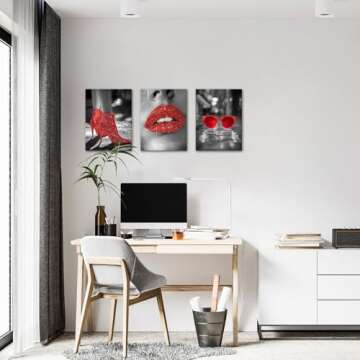VANSEEING 3 Pieces Women Bedroom Decor Canvas Wall Art Prints Red Lips Fashion High Heels Sunglasses...