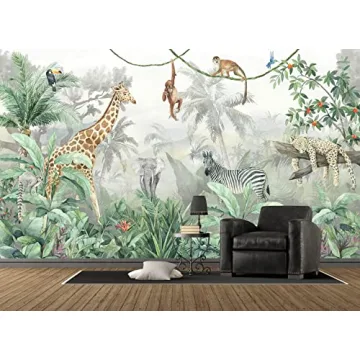 Reyhui Tropical Leaves Safari Animals Wallpaper Mural for Kids