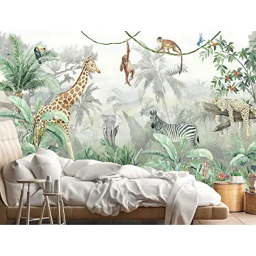 Reyhui Tropical Leaves Safari Animals Wallpaper Mural for Kids