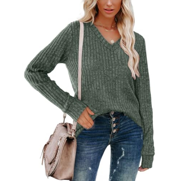 V Neck Long Sleeve Casual Tops for Winter - Green M