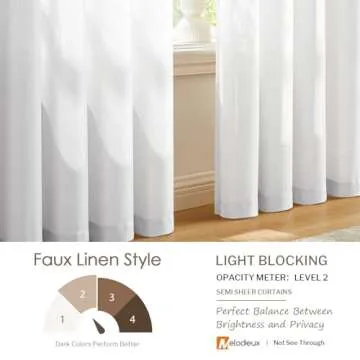 Melodieux White Semi Sheer Curtains 96 Inches Long for Living Room, Bedroom Faux Linen Texture Farmhouse Rod Pocket Shiny Sheer Curtains Drapes Light Filtering, 52" W x 96" L, 2 Panels