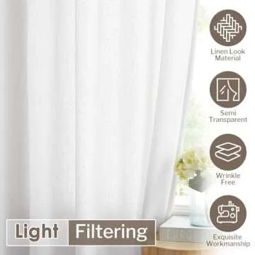 Melodieux White Semi Sheer Curtains 96 Inches Long for Living Room, Bedroom Faux Linen Texture Farmhouse Rod Pocket Shiny Sheer Curtains Drapes Light Filtering, 52" W x 96" L, 2 Panels