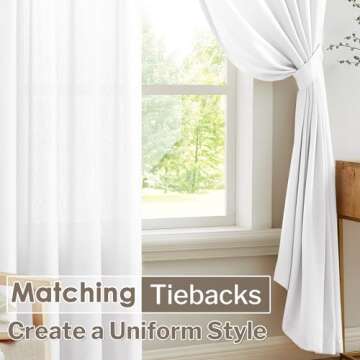 Melodieux White Semi Sheer Curtains 96 Inches Long for Living Room, Bedroom Faux Linen Texture Farmhouse Rod Pocket Shiny Sheer Curtains Drapes Light Filtering, 52" W x 96" L, 2 Panels