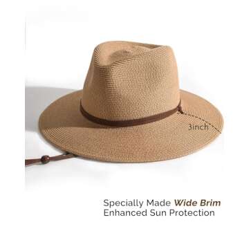 FURTALK Womens Summer Straw Sun Hats Wide Brim Panama Fedora Beach Hat with Wind Lanyard UPF 80+ Khaki