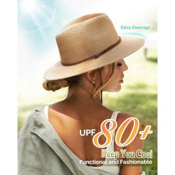 FURTALK Womens Summer Straw Sun Hats Wide Brim Panama Fedora Beach Hat with Wind Lanyard UPF 80+ Khaki