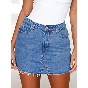 Just Quella Women's High Waisted Jean Skirt Fringed Slim Fit Denim Mini Skirt (S, Blue Washed)