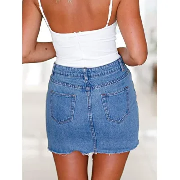 Just Quella Women's High Waisted Jean Skirt Fringed Slim Fit Denim Mini Skirt (S, Blue Washed)