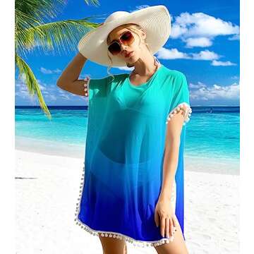 RAISEVERN Cover Ups for Swimwear Women Neon Rainbow Colorful Chiffon Blue Bathing Suit Beach Cover Up with Pom Pom