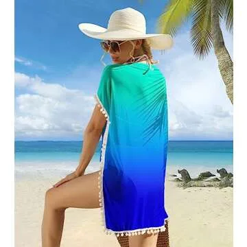 RAISEVERN Cover Ups for Swimwear Women Neon Rainbow Colorful Chiffon Blue Bathing Suit Beach Cover Up with Pom Pom
