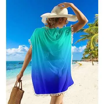 RAISEVERN Cover Ups for Swimwear Women Neon Rainbow Colorful Chiffon Blue Bathing Suit Beach Cover Up with Pom Pom
