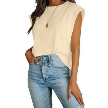 Women's Cap Sleeve Tank Top - Loose Fit Basic Summer Tee in Beige