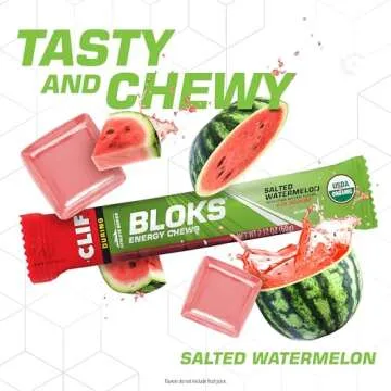CLIFF BLOKS Salted Watermelon 2X Sodium & Black Cherry Caffeine Energy Chews Bundle - 2 Packs 18 Count 2.12oz Each - Quick Carbs and Electrolytes for Cycling Running