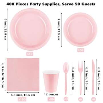 Aodaer 400 Pieces Pink Party Supplies Disposable Dinnerware Set Include Plastic Plates Cups Knives F...
